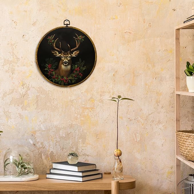 CUANFDDSF Vintage Christmas Reindeer Round Wall Art Decor, Rustic Dark Moody Xmas Reindeer Holiday Wall Hanging Frame Decor, Gothic Christmas Canvas Prints Decorations for Home Bedroom, 10x10 Inch
