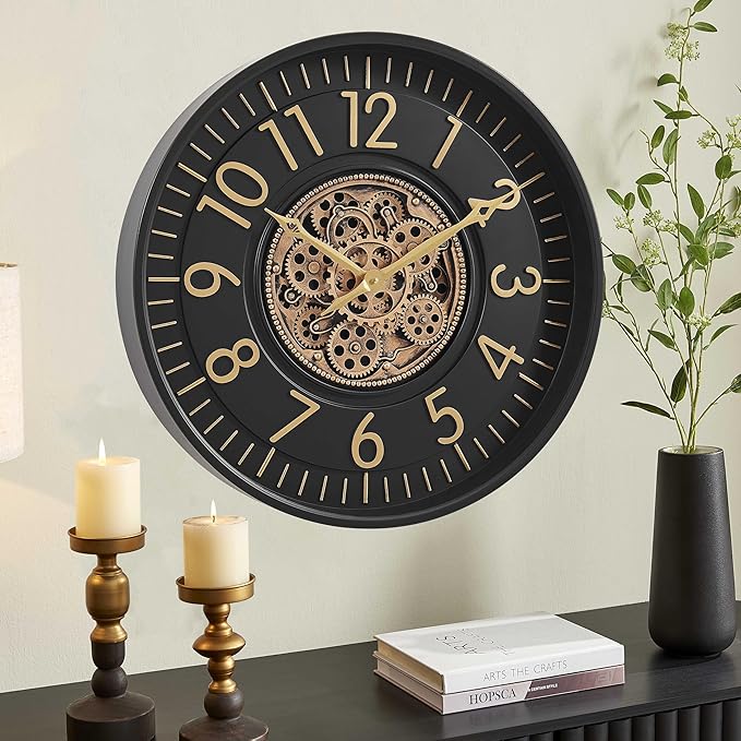 CLXEAST 21 Inch Moving Gear Wall Clock, Large Regular Arabic Numeral Wall Clocks for Living Room Decor,Modern Black& Gold Finish,House Warming Gifts New Home