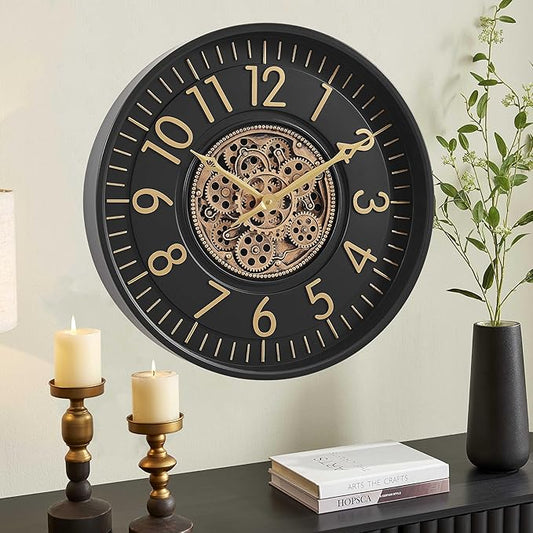 CLXEAST 21 Inch Moving Gear Wall Clock, Large Regular Arabic Numeral Wall Clocks for Living Room Decor,Modern Black& Gold Finish,House Warming Gifts New Home