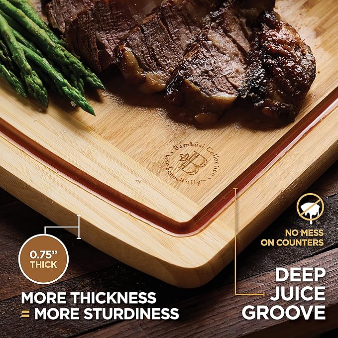 Bamboo Cutting Boards for Kitchen 2-PC Set - Wood Chopping Boards with Juice Groove, 18" x 12" Wooden Cutting Board for Vegetables, Fruit and Cheese Charcuterie Serving Tray XL