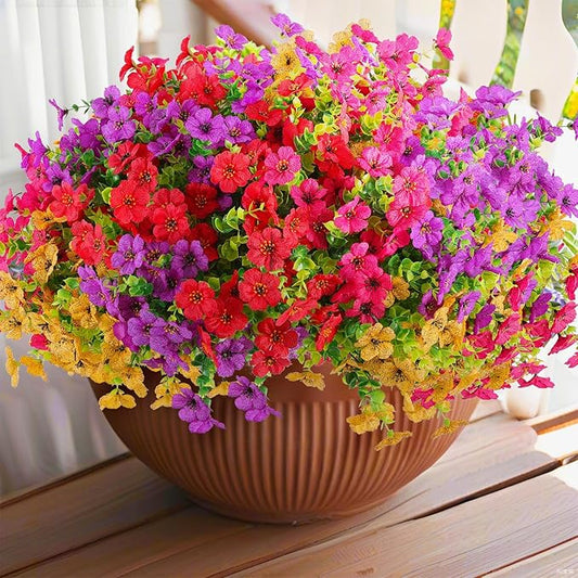 18 Pcs Artificial Flowers for Outdoors UV Resistant Fake Flower Plastic Spring Flowers Faux Silk Plants for Outside Porch Window Easter Patio Home Decor (18, Red, Purple, Yellow, Rose Red)