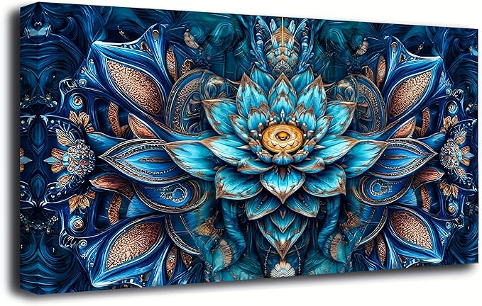 Blue Abstract Wall Art Bedroom Wall Decor Living Room,Lotus Flower Pattern of Design Canvas Wall Art Office Farmhouse Paintings Artwork Modern Golden Teal Boho Wall Art Prints Pictures 20 * 40inch