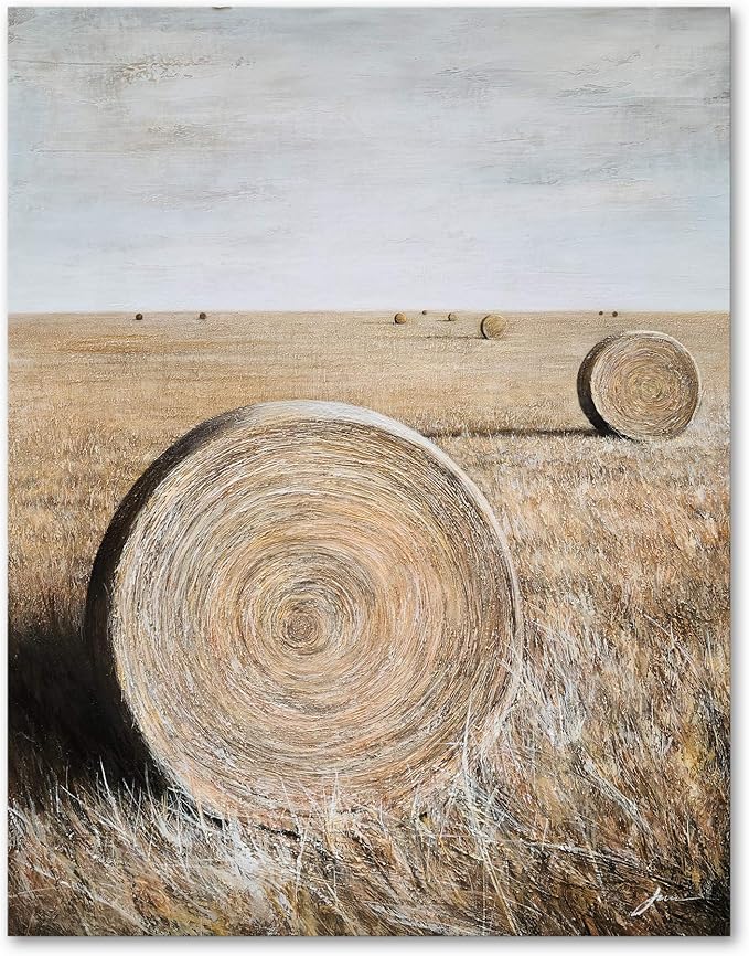 Yihui Arts Rustic Canvas Wall Art Hand Painted Hay Bales Pictures Modern Abstract Vintage Oil Paintings Vertical Artwork for Living Room Bedroom Bathroom Decor