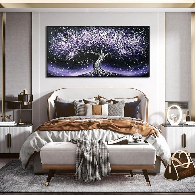 Purple Tree Hand Painted Wall Decor for Living Room - Modern Canvas Wall Art for Bedroom - Black Large Framed Wall Art Size 29" x 59"