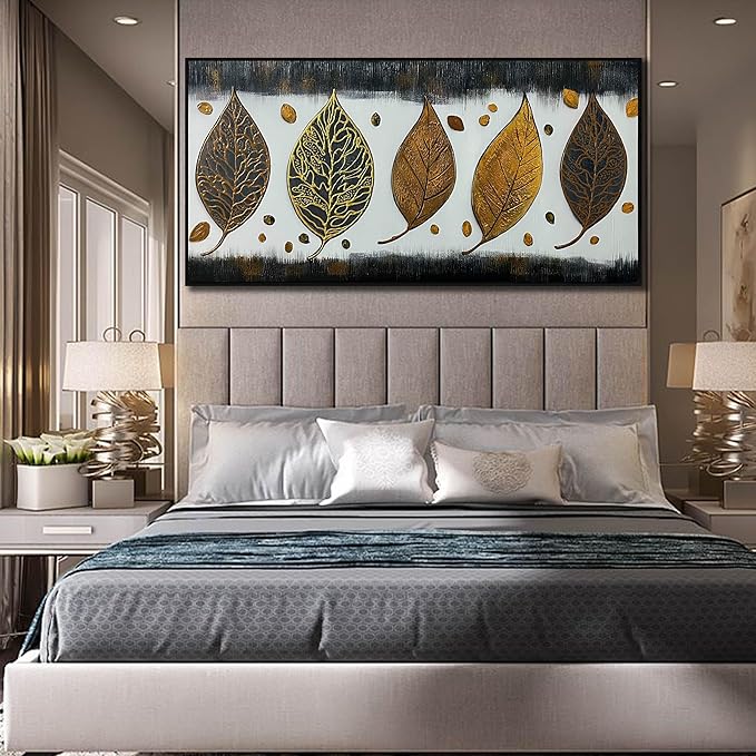 CIRABKY Leaf Hand Painted Wall Art for Living Room - Vintage Canvas Wall Art for Office - Large Picture Black Frames for Wall Size 29" x 59"