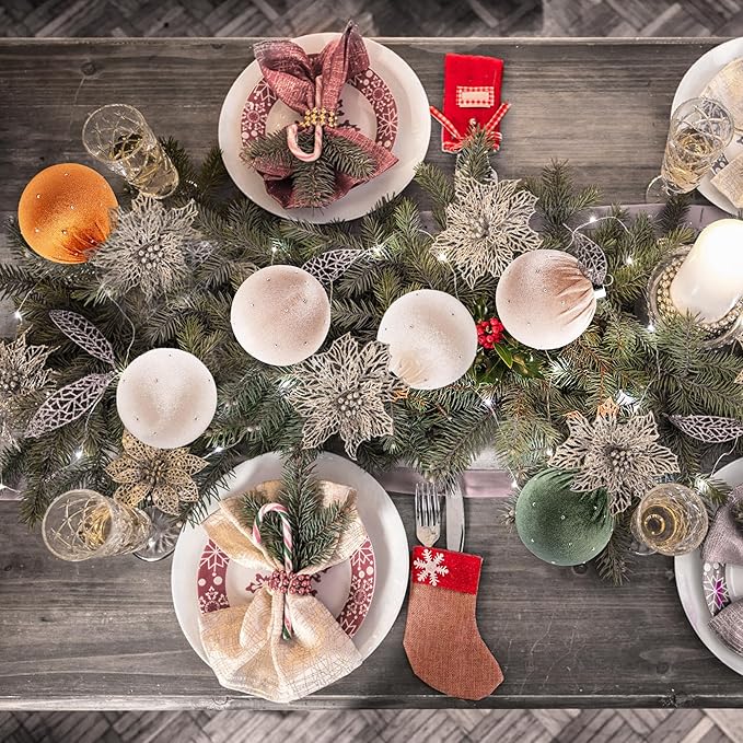 Christmas Tree Ornaments Set Velvet Balls, 12pcs Shatterproof Christmas Bulbs Ornaments for Xmas Tree Decorative Hanging, Vintage Flocked Decoration, 78mm, 3.1in, Multicolor Green Brown Neutral