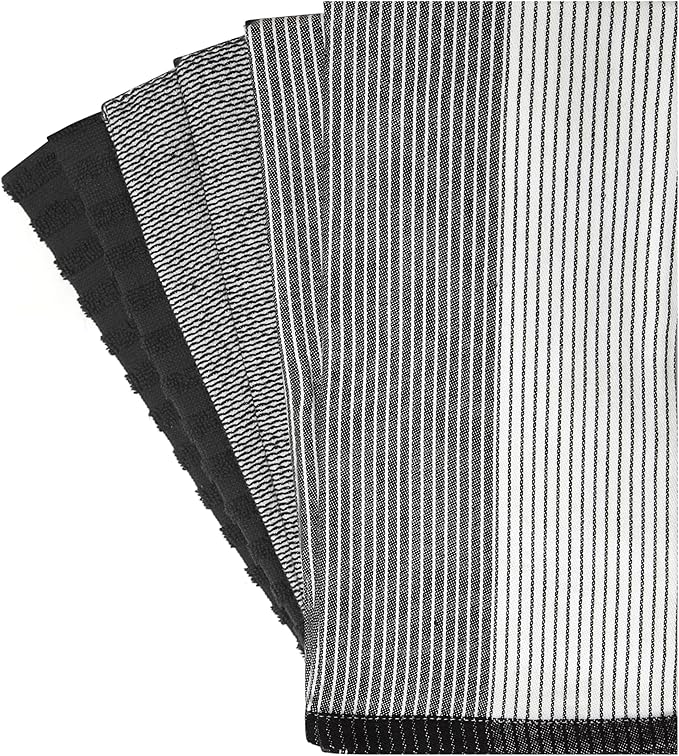 Premium Large Cotton Kitchen Hand & Dish Towels (20”x 28”, 6 Pack) - Highly Absorbent Flat & Terry Towels with Hanging Loop - Black