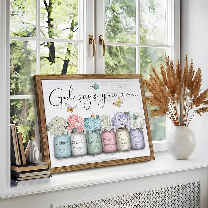 Wood Framed Inspirational Bible Verse Wall Art, Christian God Says You Are Wall Decor Paintings, Farmhouse Scripture Mason Jar Flower Pictures Posters Prints for Bathroom Bedroom Home Decor 12x16 Inch