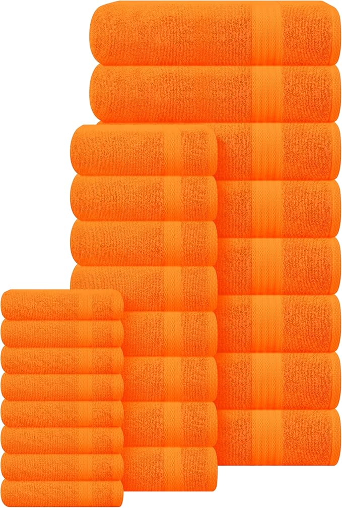 GLAMBURG Ultra Soft 24-Piece Towel Set - 100% Pure Ringspun Cotton, Contains 8 Oversized Bath Towels 27x54, 8 Hand Towels 16x28, 8 Wash Cloths 13x13 - Ideal for Everyday use, Hotel & Spa - Orange