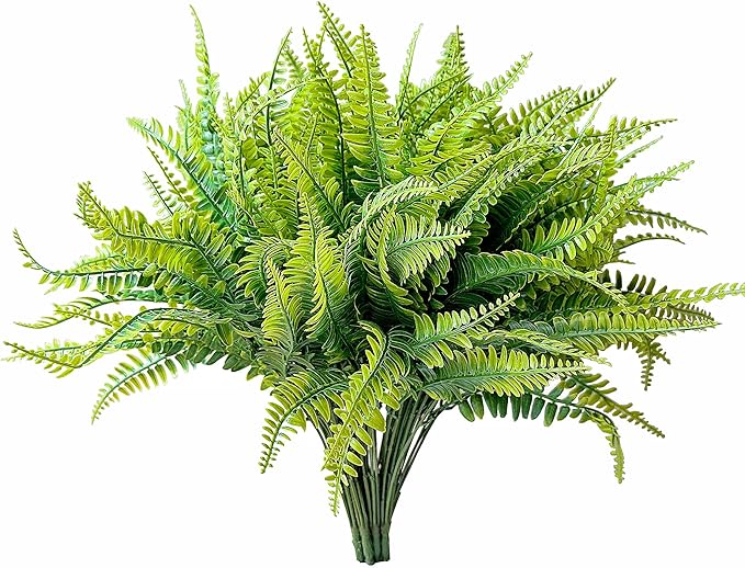 8 Bundles Ferns Artificial Plant Flower Outdoor Fake Boston Fern Bushes UV Resistant Plastic Faux Fern Greenery Stems Leaves for Home Indoor Outside Ground Porch Garden Arrangements Décor