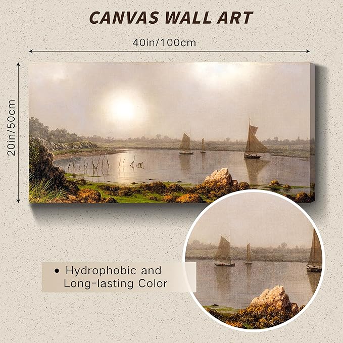 crmotu Large Canvas Wall Art, Harbor Landscape Vintage Art Prints, Coastal Sun Sailboat Scenery Nature Pictures, Retro Nautical Paintings Wall Decor Living Room Bedroom Bathroom Office Decor 20"X40"