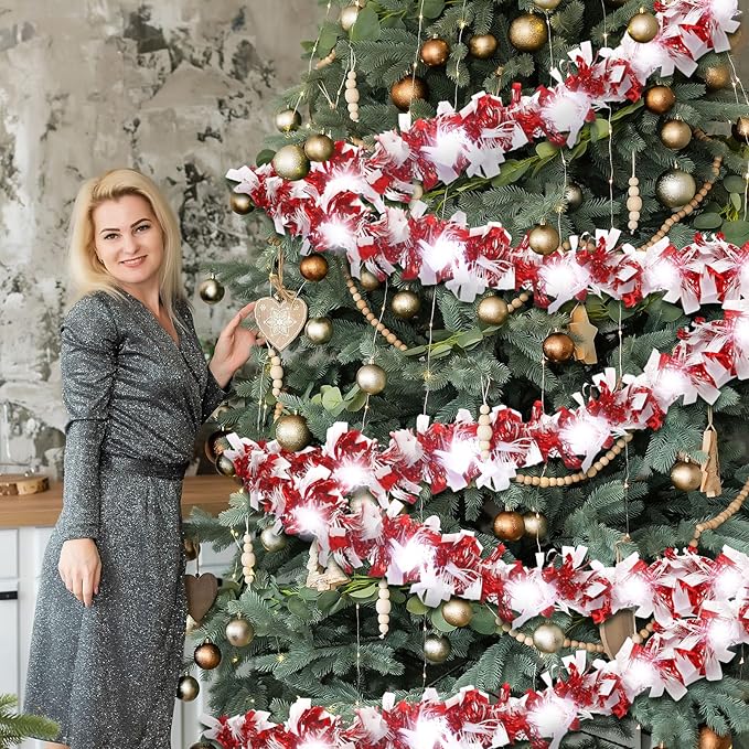 Kingdder 16.4 ft Christmas Tinsel Garland Lighted Metallic Twist Garland with 50 LED Lights Hanging Prelit Xmas Battery Operated Foil Tinsel for Christmas Tree Party Mantel