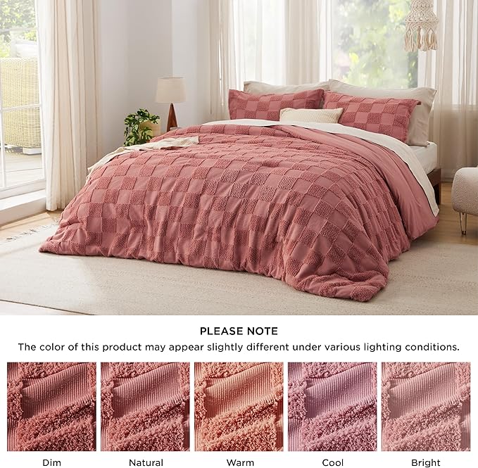 Bedsure Twin/Twin XL Comforter Set Grayish Pink, Boho Tufted Bed Set, Checkered Farmhouse Shabby Chic Bedding, 2 Pieces, 1 Plaid Geometric Comforter and 1 Pillow Sham