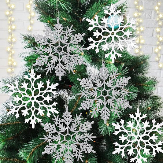 12pcs Large Christmas Snowflakes Decorations, 12" Big Plastic Glitter White Sliver Snowflake Ornaments for Winter Indoor Outdoor Christmas Tree Holiday Window Room Decor Craft Snowflakes