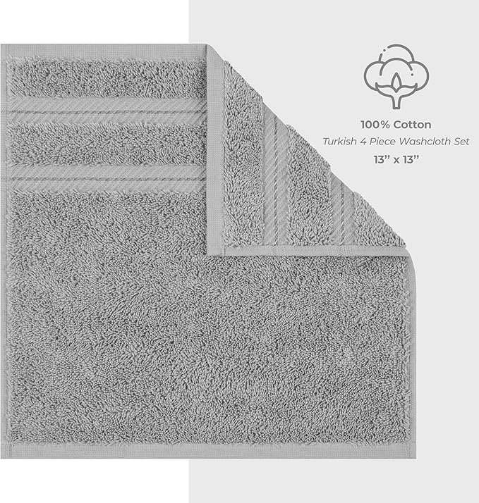 American Soft Linen Luxury Washcloths for Bathroom, 600 GSM 100% Cotton 4 Piece Turkish Wash Cloth Set, 13x13 in Soft Rags for Body and Face, Light Grey Washcloths