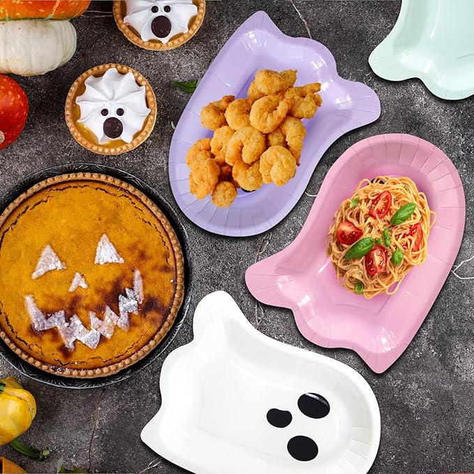 180Pcs Halloween Ghost Party Supplies Paper Plates and Napkins Serve 60 Disposable Tableware Set for Halloween Birthday Party Decorations Family School Holiday Events