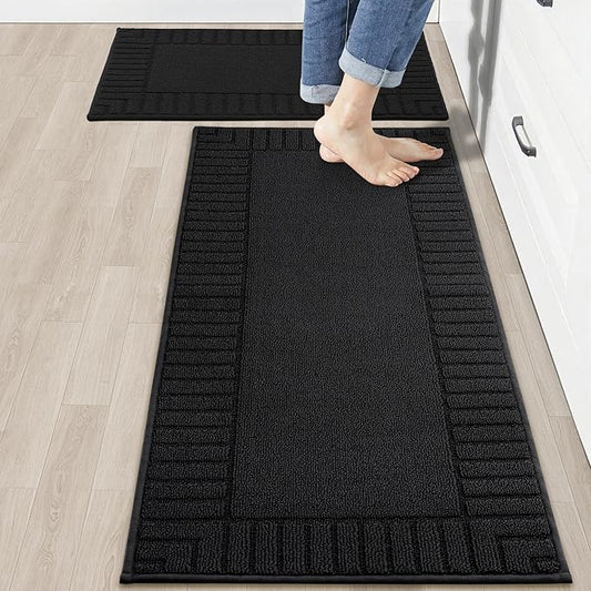 BEQHAUSE-Kitchen-Rugs-and-Mats,2 PCS Non Slip Kitchen Floor Mat,Absorbent Kitchen Mat Set Machine Washable Kitchen Runner Rug Black Kitchen Mat 20x30inch/20x48inch