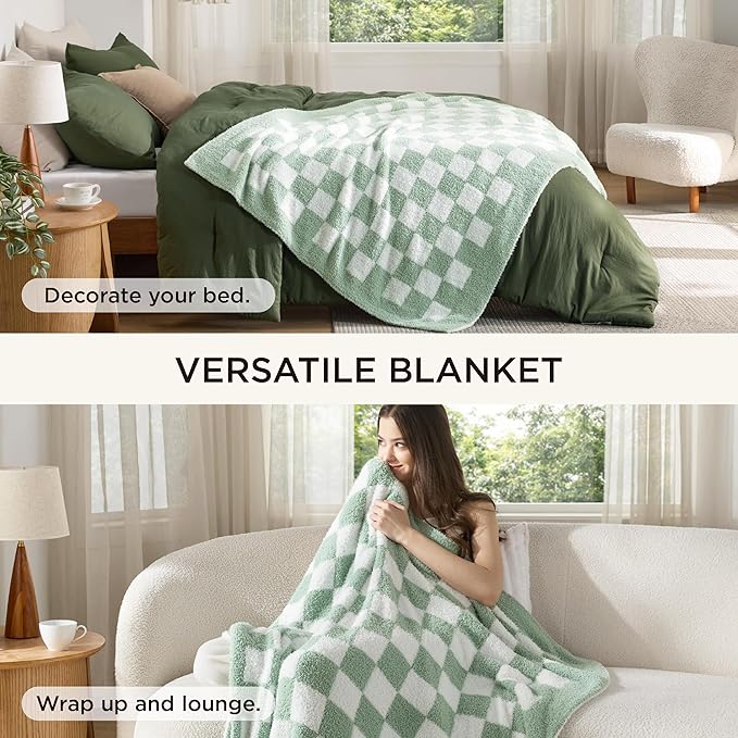 Bedsure Full Comforter Set with Checkered Throw Blanket for Couch - 4 Pieces, 1 Olive Green Comforter Full Size, 2 Pillow Shams, 1 Checkered Blanket, Super Soft, Lightweight & Fluffy for Bed & Sofa