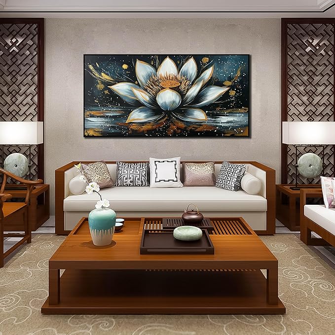 Lotus Flower Hand Painted Wall Art for Bedroom - Black and White Pictures Wall Art for Living Room - Black Framed Wall Art for Office Size 29" x 59"