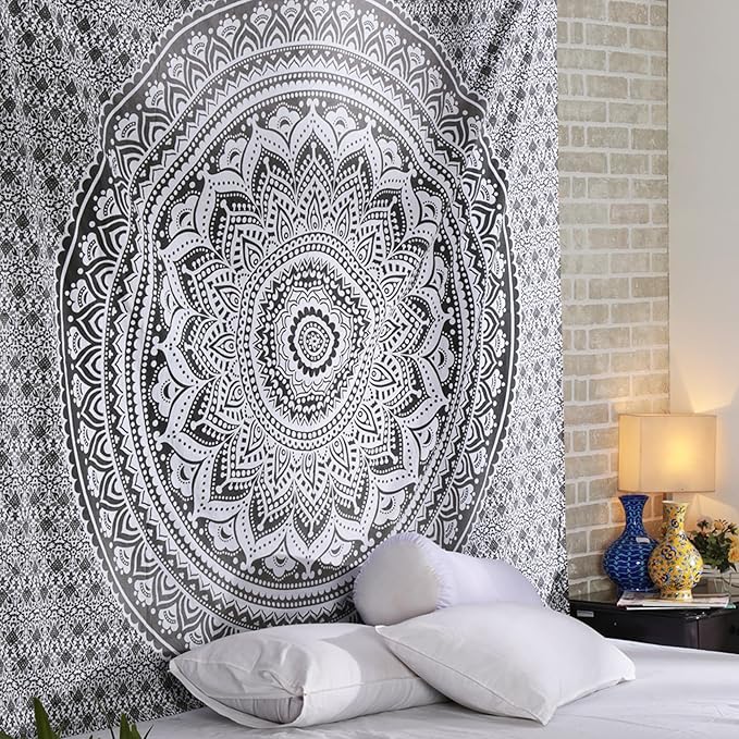 RAJRANG Large Grey Mandala Tapestry Wall Hangings Indian Hippie Tapestries Boho Décor Bedspread Yoga Meditation - 90x108 Inches