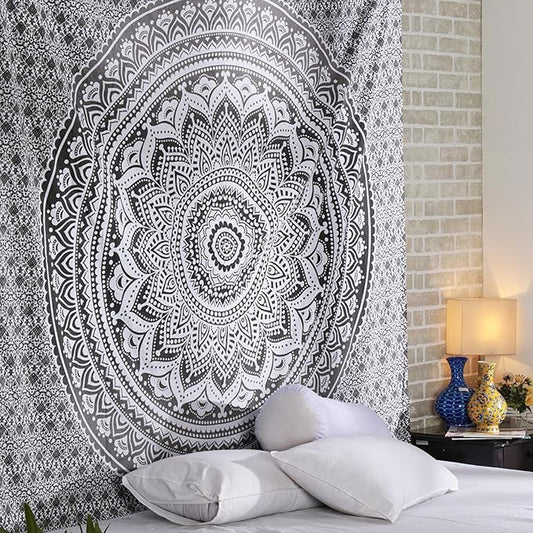 RAJRANG Large Grey Mandala Tapestry Wall Hangings Indian Hippie Tapestries Boho Décor Bedspread Yoga Meditation - 90x108 Inches