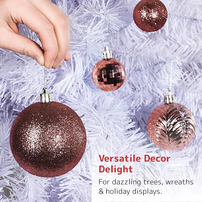 PREXTEX 36-Piece Rose Gold Christmas Ornaments Set - Shatterproof Tree Balls in 6 Styles and 3 Sizes with Hanging Loops to Decorate Christmas Tree - Ideal for Indoor and Outdoor Holiday Decor