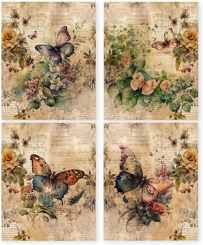 HRQKO Vintage Retro Butterfly Flower Wall Art Poster Prints Set of 4, Butterfly Floral Pictures Artwork Printing Posters Wall Decor, Blossom Botanical Prints for Bathroom Living Room 8”x10” Unframed