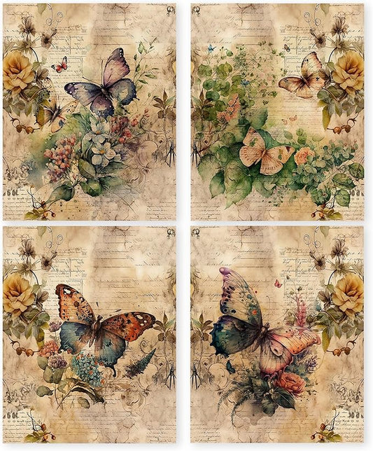 HRQKO Vintage Retro Butterfly Flower Wall Art Poster Prints Set of 4, Butterfly Floral Pictures Artwork Printing Posters Wall Decor, Blossom Botanical Prints for Bathroom Living Room 8”x10” Unframed