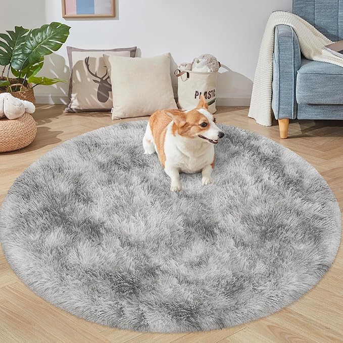 5x5 ft Tie Dye Grey Round Rug for Bedroom Room Fluffy Circle Rug Furry Carpet Shaggy Circular Fuzzy Washable Non-Slip Large Area Rug Soft Indoor for Living Room Cute Aesthetic Home Decor