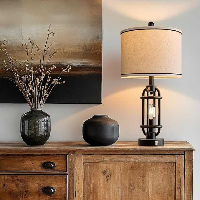 24'' Table Lamps for Living Room Bedroom Industrial Touch Lamp with USB A+C Ports, Night Light Farmhouse Vintage Nightstand Bedside Lamps for Night Stands Metal Black, Bulbs Included