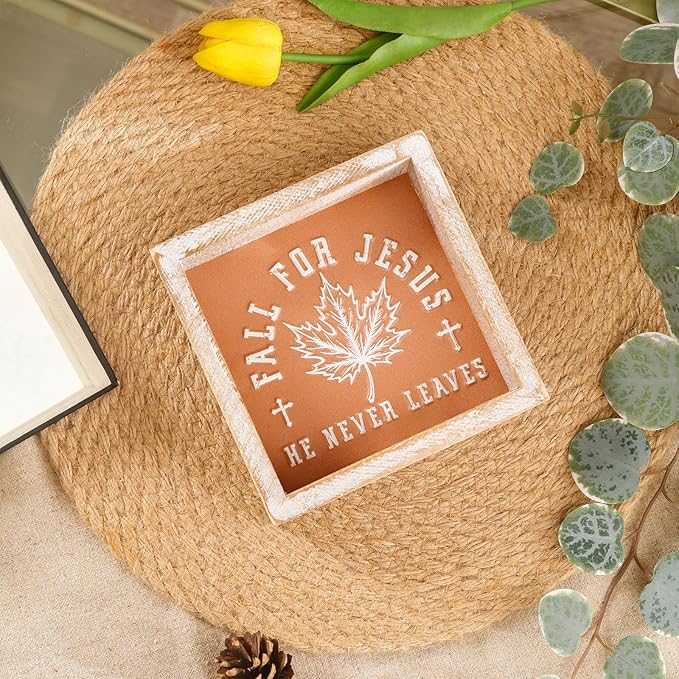 Embossed Orange Fall Leaf Sign, Farmhouse Autumn Decorations, Wooden Fall Tiered Tray Decor for Shelf Cubicle Desk Mantel, Rustic Thanksgiving Table Decor