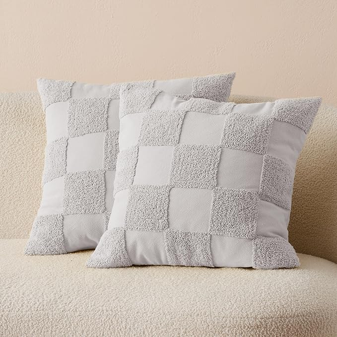 Double Stitch Checkered Throw Pillow Covers - 100% Cotton Set of 2 Tufted Boho Decorative Pillow Covers 20x20, Made in India, Square Cushion Case, Modern Home Decor for Couch, Sofa, Winter Sky