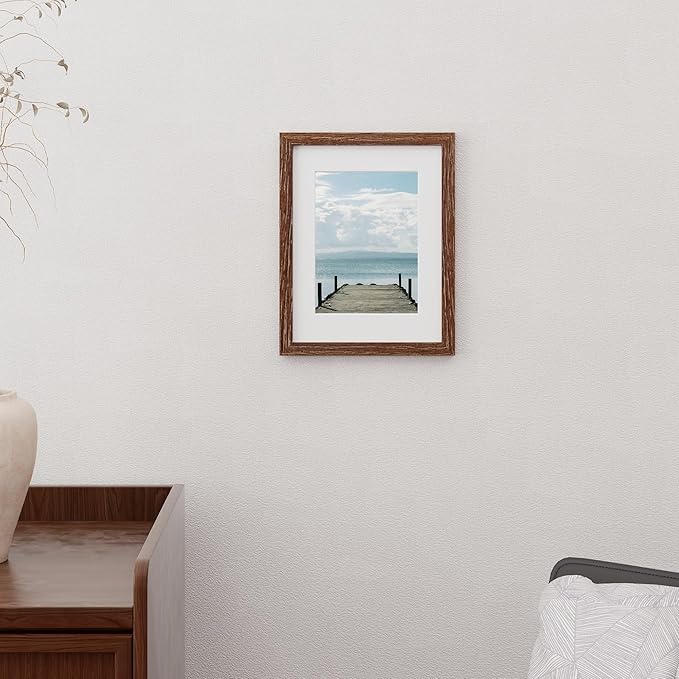 Picture Frame 8.5x11, Natural Oak Wood 8.5 x 11 Photo Frame, 8.5 by 11 Frame for Wall, 8.5x11 Picture Frame with Mat for 6x8, Tempered Real Glass, Walnut Color, Set of 1