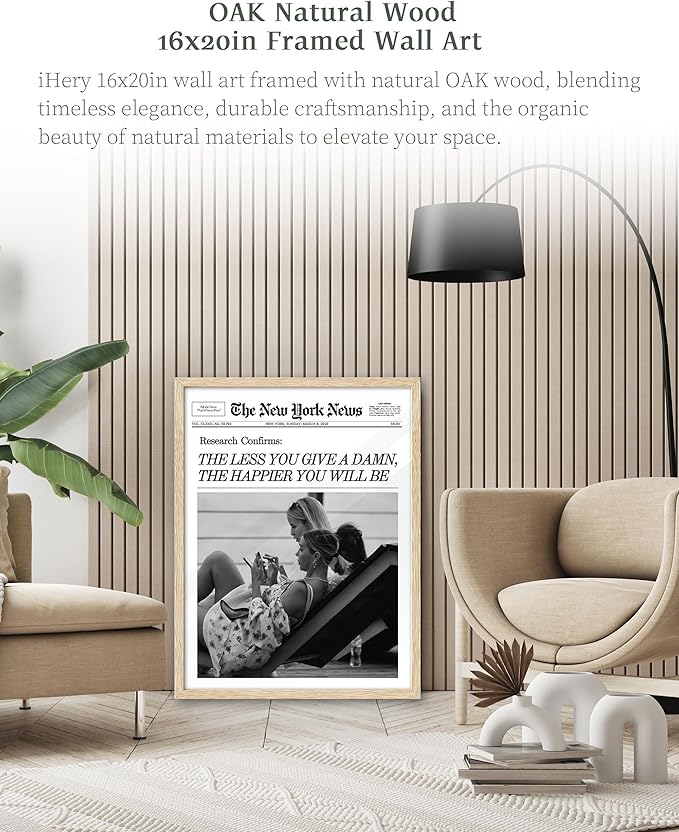 iHery Natural OAK Wood Newspaper Trendy Black White Framed Wall Art, Large 16x20 in Vintage Headline Beige Canvas Wall Art, The Less You Give a Damn, Set of 1 Apartment Bedroom Decor College Dorm