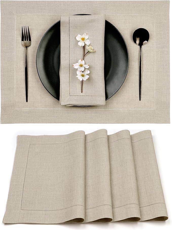 D'Moksha Homes Linen Placemats Set of 4-100% Pure Linen Natural Placemats 14 x 19 Inch - Classic Hemstitch, Washable Natural Placemats for Christmas Decor, Holiday