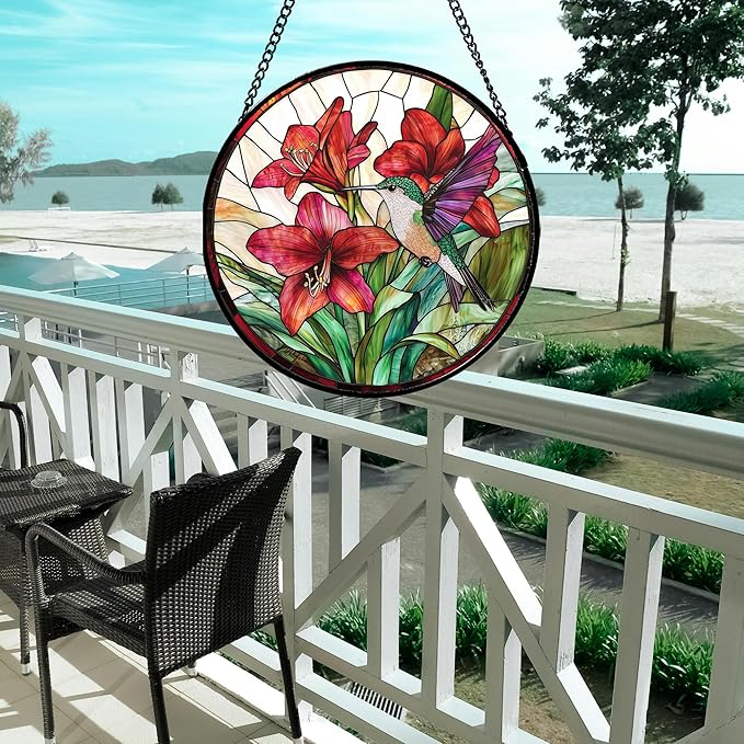 Stained Glass Window Hanging - Hummingbird On Red Lily Flower Sun Catcher for Door Garden Decor Suncatcher Christmas Mother's Day Birthday Gifts for Bird Lovers Women Men Mom Nana 15 in