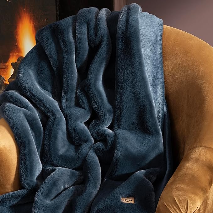 UGG Plush Faux Fur Throw Blanket Reversible Medium Weight Luxury Soft Throw Blankets for Bed or Chair, Hypoallergenic, Machine Washable, Home Decor, 50-inch x 70-inch, Indigo Navy Blue (Euphoria)
