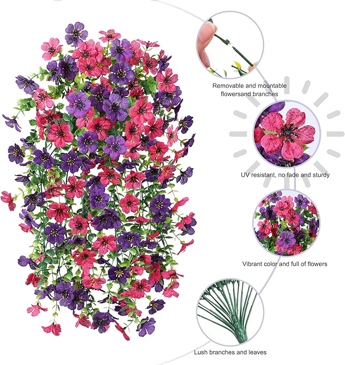 Artificial Flowers for Outdoors Decoration, 2Pcs Fake Hanging Spring Summer Decor, Purple and Hotpink Realistic Plants, UV & Fading Resistant Silk Flower for Porch Patio Balcony Planter Yard