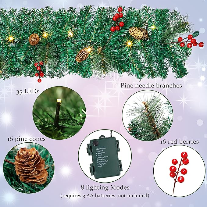 9 Foot Christmas Lighted Garland, Battery Operated Christmas Garland with Lights, Pre Lit Garland Wreath for Indoor Home Winter Holiday New Year Xmas Decorations