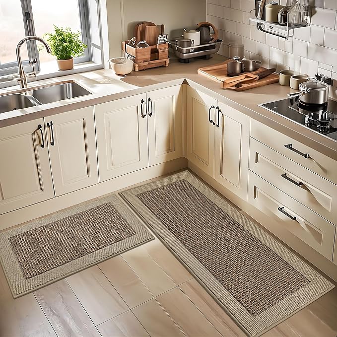 BEQHAUSE Kitchen Rugs and Mats Set of 2 Non-Slip Kitchen Mats for Floor, Absorbent and Stain Resistant Kitchen Runner, Machine Washable Rugs for Kitchen, Laundry & Sink, 24"x36"+24"x60", Taupe