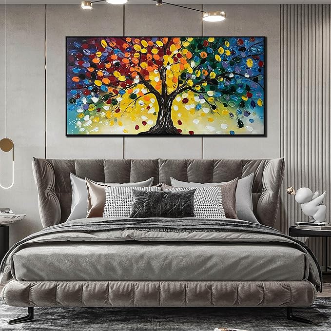 Tree Painting Large Wall Decor for Living Room - Colorful Hand Painted Wall Art for Bedroom - Black Framed Canvas Wall Art Size 29" x 59"