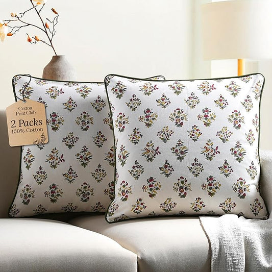 CPC 100% Cotton Throw Pillow Covers 24x24 Inch, Set of 2 Green Block Print Pattern Couch Pillow, Cute Boho Decorative Pillows for Living Room, Bedroom with Hidden Zipper- Fall Green