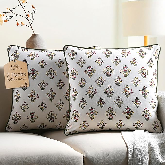 CPC 100% Cotton Throw Pillow Covers 18x18 Inch, Set of 2 Green Block Print Pattern Couch Pillow, Cute Boho Decorative Pillows for Living Room, Bedroom with Hidden Zipper- Fall Green