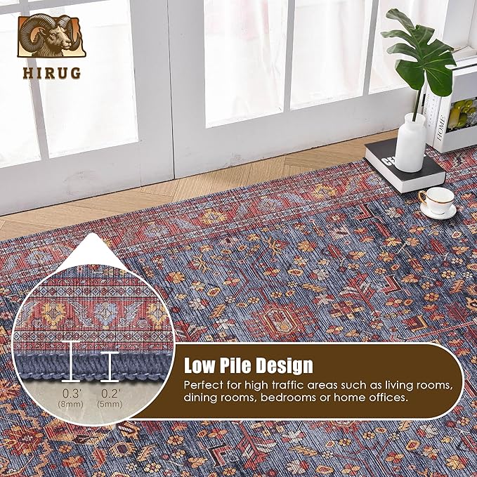 Washable Area Rug 9' x 12' Vintage Traditional Persian Mat - Foldable Distressed Non-Slip Machine Washable Carpet for Living Room Bedroom Kitchen Home Decor - Indigo and Crimson