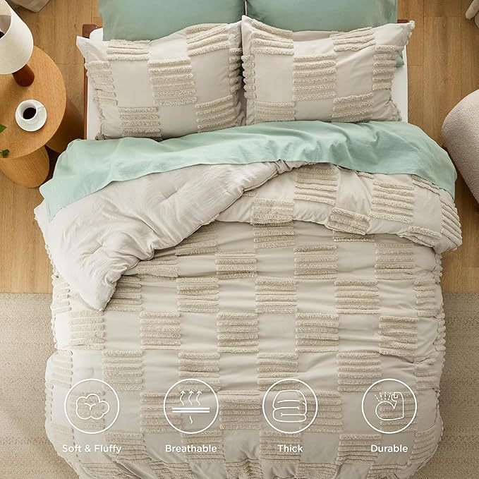 Bedsure Full Size Comforter Set Linen, Boho Tufted Bed Set, Grande Checkered Farmhouse Shabby Chic Bedding, 3 Pieces, 1 Plaid Geometric Comforter and 2 Pillow Shams