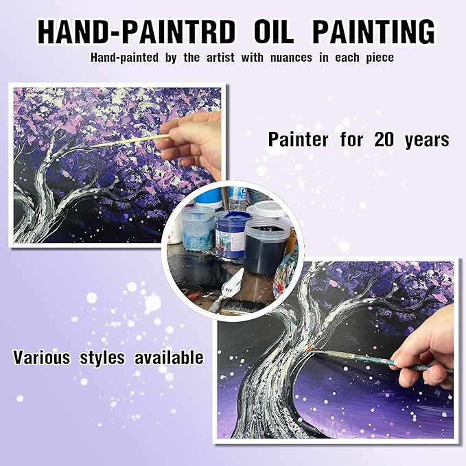 Purple Tree Hand Painted Wall Decor for Living Room - Modern Canvas Wall Art for Bedroom - Black Large Framed Wall Art Size 29" x 59"