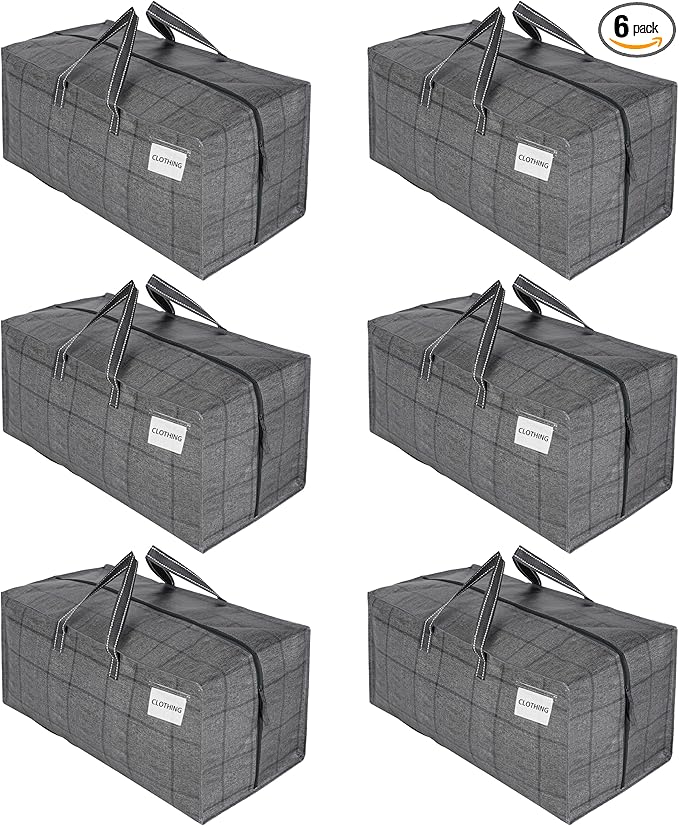 VENO 6 Pack Moving Bags w/Backpack Straps, Heavy Duty, Moving Boxes Alternative, Packing Supplies, Large Storage Totes for Dorm Room Essentials with Zipper for Clothes (Windowpane, 6 Pack)
