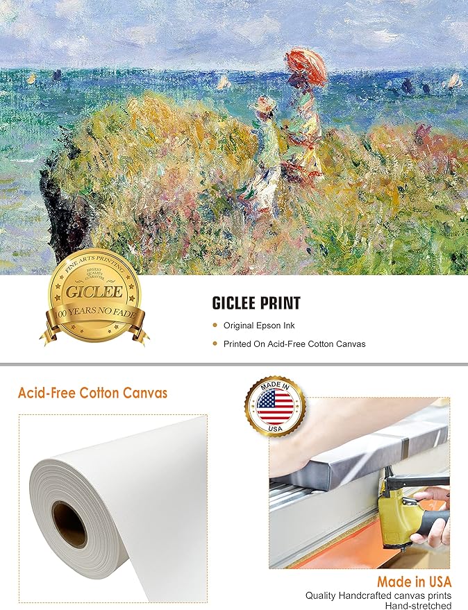 DECORARTS - The Cliff Walk At Pourville, Claude Monet Art Reproduction. Giclee Canvas Prints Wall Art for Home Decor 20x16