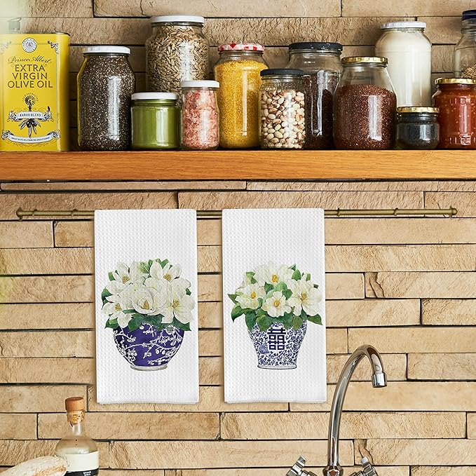 Chinoiserie Vase Kitchen Tea Towel Set of 2 - Floral Dish Towels, Vintage Kitchen Towels, Waffle Weave Hand Towels 16 X 24 Inch