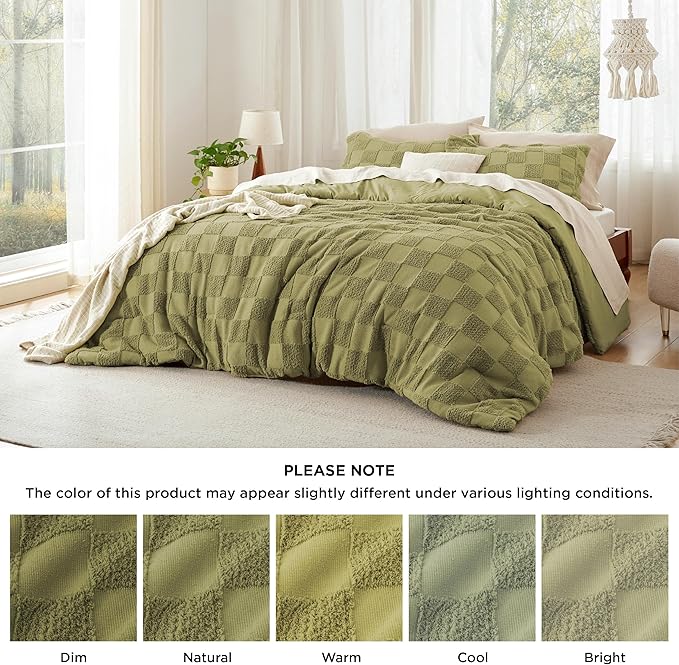 Bedsure Twin/Twin XL Comforter Set Olive Green, Boho Tufted Bed Set, Checkered Farmhouse Shabby Chic Bedding, 2 Pieces, 1 Plaid Geometric Comforter and 1 Pillow Sham